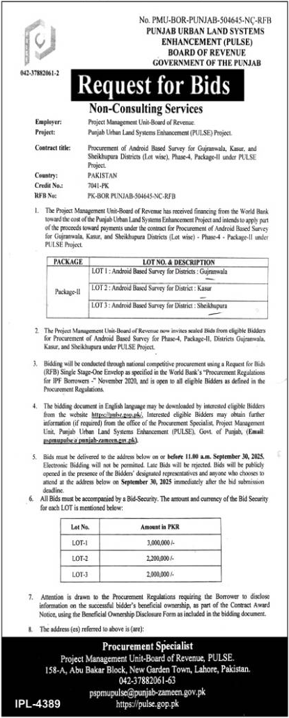 Board of Revenue Lahore Tender Notice